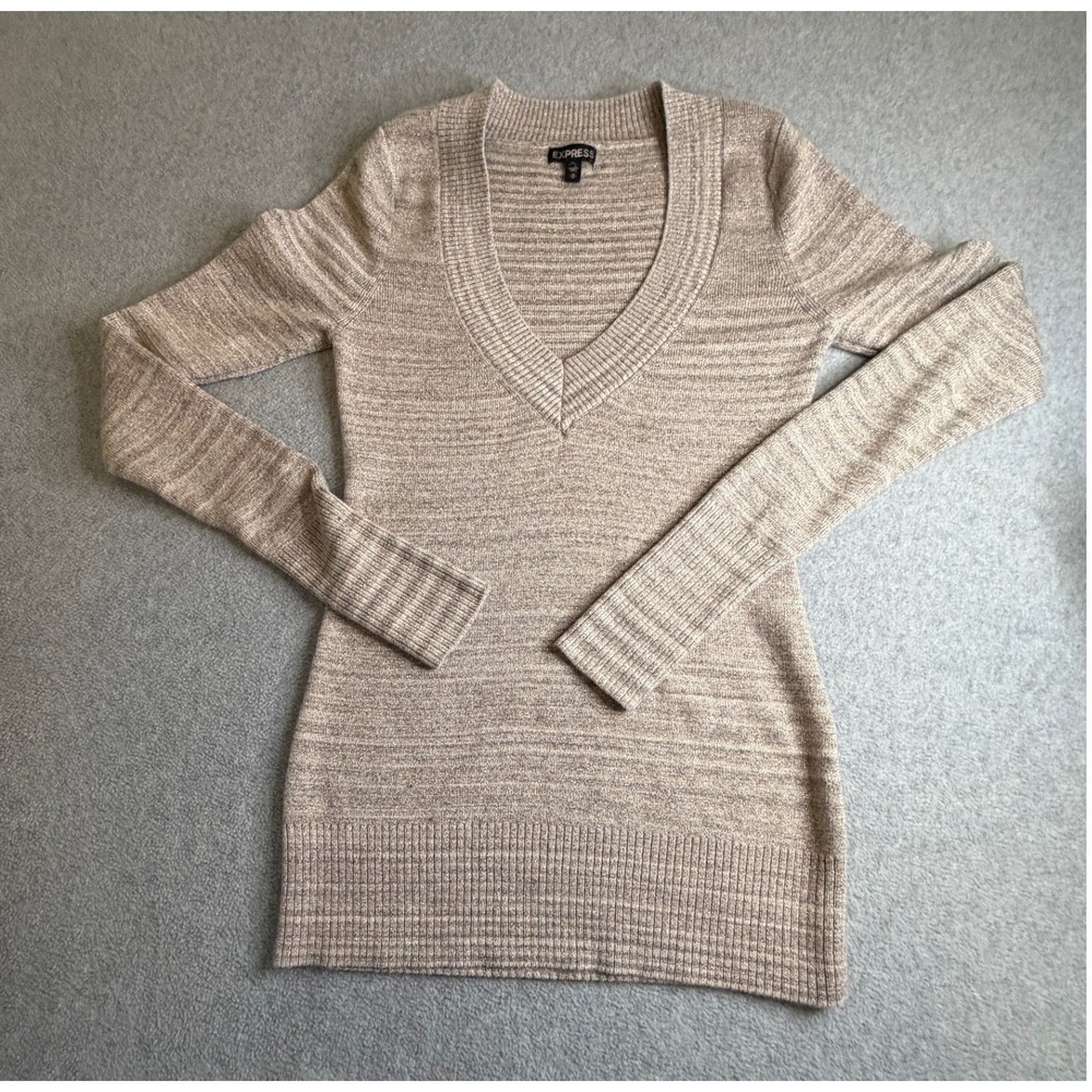 Express Womens V Neck Metallic Shimmer Marled Knit Sweater Tan M